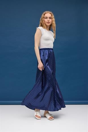 Saten Pul İşlemeli Etek - Lacivert