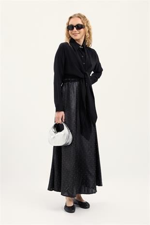 Saten Pul İşlemeli Etek - Siyah