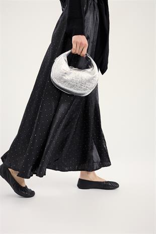 Saten Pul İşlemeli Etek - Siyah