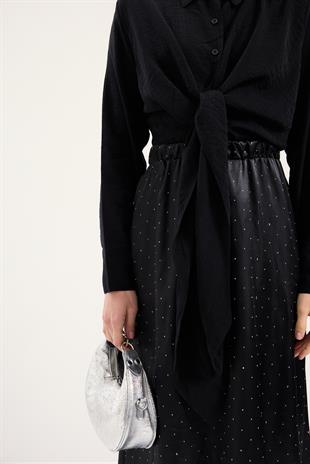 Saten Pul İşlemeli Etek - Siyah