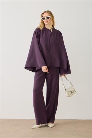 Scarlet Omuzdan Pileli Geniş Kol Modal Takım  - Mürdüm