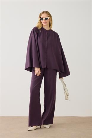 Scarlet Omuzdan Pileli Geniş Kol Modal Takım  - Mürdüm