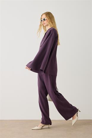 Scarlet Omuzdan Pileli Geniş Kol Modal Takım  - Mürdüm