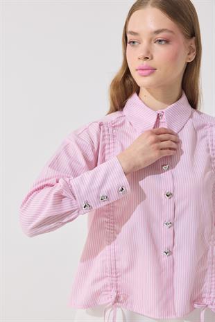 Selena Kalp Düğmeli Büzgülü Gömlek- Pembe