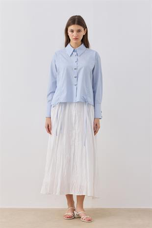 Selena Kalp Düğmeli Büzgülü Gömlek - Mavi