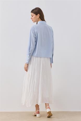 Selena Kalp Düğmeli Büzgülü Gömlek - Mavi