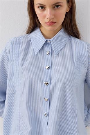 Selena Kalp Düğmeli Büzgülü Gömlek - Mavi