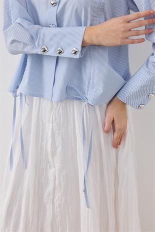 Selena Kalp Düğmeli Büzgülü Gömlek - Mavi