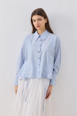 Selena Kalp Düğmeli Büzgülü Gömlek - Mavi