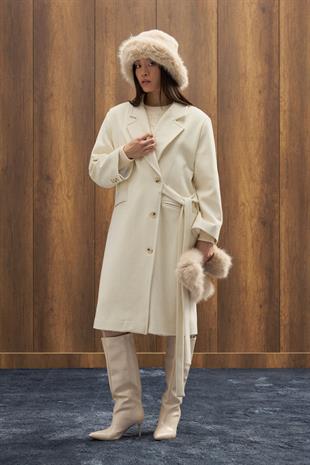 Serande Yandan Bağlamalı Kaşe Kaban  - Ekru 