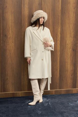 Serande Yandan Bağlamalı Kaşe Kaban  - Ekru 