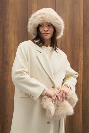 Serande Yandan Bağlamalı Kaşe Kaban  - Ekru 