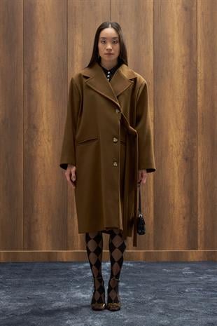 Serande Yandan Bağlamalı Kaşe Kaban - Haki 