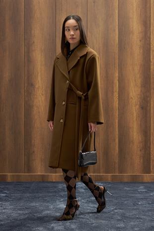 Serande Yandan Bağlamalı Kaşe Kaban - Haki 