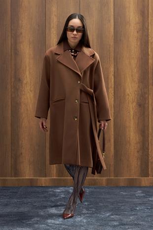 Serande Yandan Bağlamalı Kaşe Kaban  - Kahverengi 