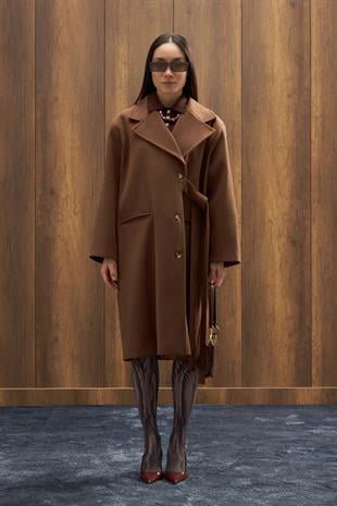 Serande Yandan Bağlamalı Kaşe Kaban  - Kahverengi 