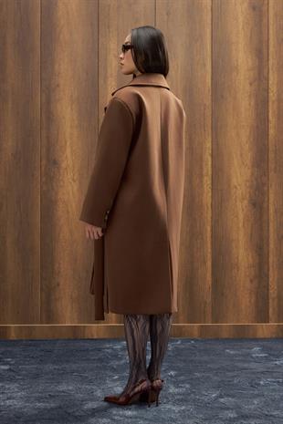 Serande Yandan Bağlamalı Kaşe Kaban  - Kahverengi 