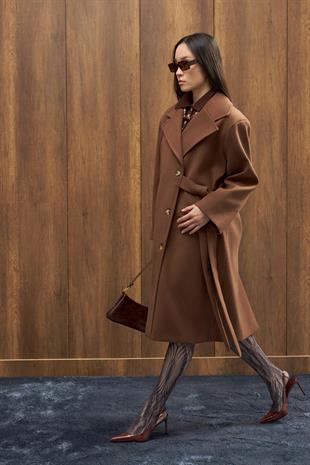 Serande Yandan Bağlamalı Kaşe Kaban  - Kahverengi 