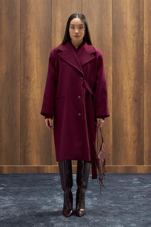 Serande Yandan Bağlamalı Kaşe Kaban - Mürdüm 