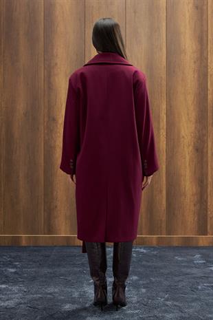 Serande Yandan Bağlamalı Kaşe Kaban - Mürdüm 