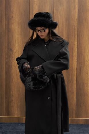 Serande Yandan Bağlamalı Kaşe Kaban  - Siyah 