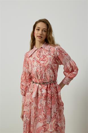 Seraphine Britt Düğmeli Desenli Elbise - Kırmızı 