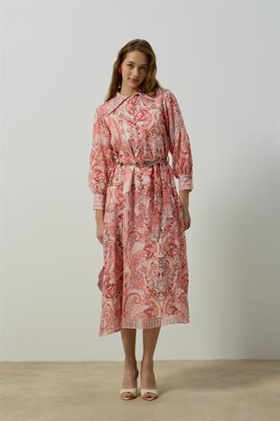 Seraphine Britt Düğmeli Desenli Elbise - Kırmızı 