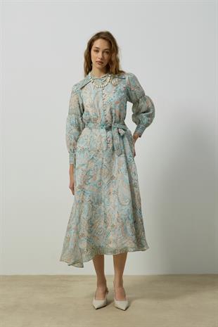Seraphine Britt Düğmeli Desenli Elbise - Mint Yeşil