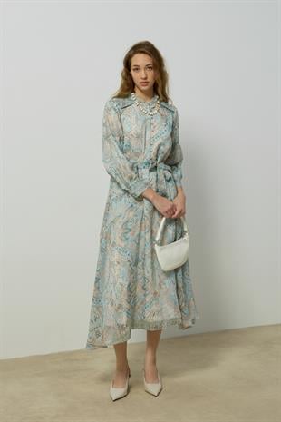 Seraphine Britt Düğmeli Desenli Elbise - Mint Yeşil