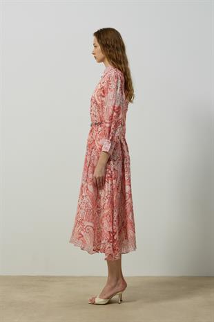 Seraphine Britt Düğmeli Desenli Elbise - Kırmızı 