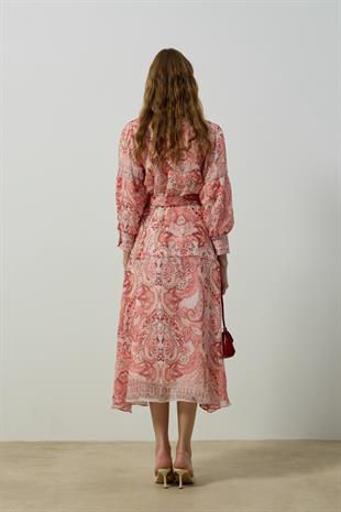 Seraphine Britt Düğmeli Desenli Elbise - Kırmızı 