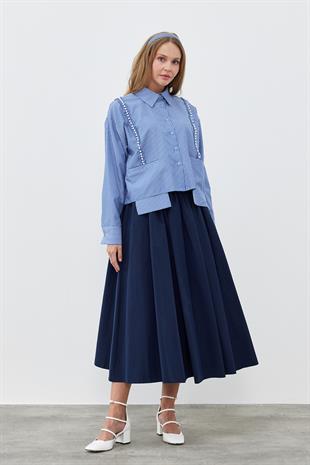 SERENA CEP DETAYLI İNCİ NAKIŞLI GÖMLEK - LACİVERT