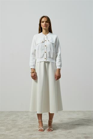 Serena Gold Düğmeli Cepli Hırka - Beyaz