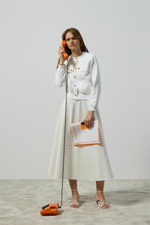 Serena Gold Düğmeli Cepli Hırka - Beyaz