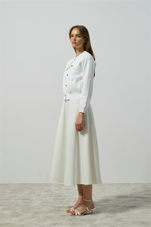 Serena Gold Düğmeli Cepli Hırka - Beyaz