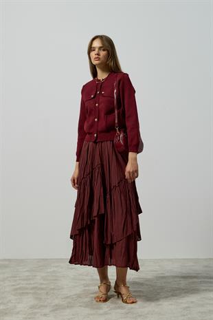 Serena Gold Düğmeli Cepli Hırka - Bordo 