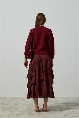 Serena Gold Düğmeli Cepli Hırka - Bordo 