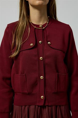 Serena Gold Düğmeli Cepli Hırka - Bordo 