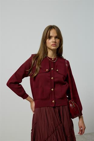 Serena Gold Düğmeli Cepli Hırka - Bordo 