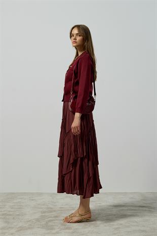 Serena Gold Düğmeli Cepli Hırka - Bordo 