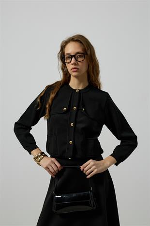 Serena Gold Düğmeli Cepli Hırka- Siyah