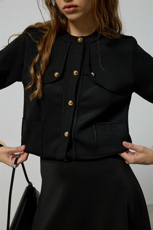 Serena Gold Düğmeli Cepli Hırka- Siyah