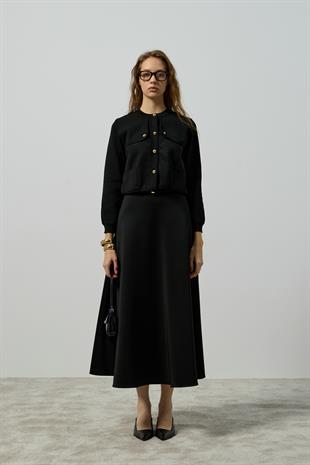 Serena Gold Düğmeli Cepli Hırka- Siyah