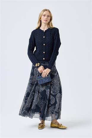 Shadow Drapeli Volanlı Şifon Etek  - Lacivert