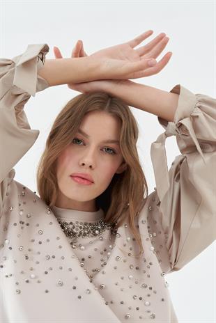 Shine Taşlı Scuba Tunik - Bej