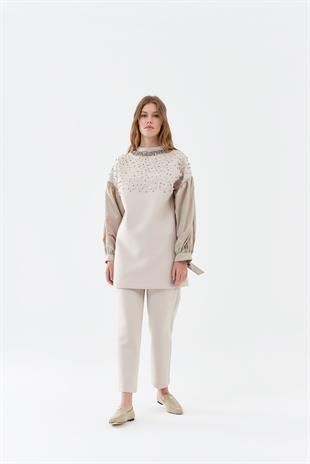 Shine Taşlı Scuba Tunik - Bej