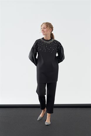Shine Taşlı Scuba Tunik - Siyah