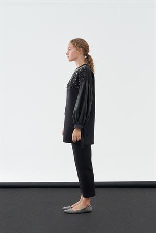 Shine Taşlı Scuba Tunik - Siyah