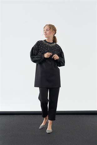 Shine Taşlı Scuba Tunik - Siyah