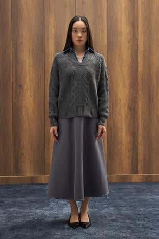 Side Denim Parçalı Triko Kazak - Antrasit